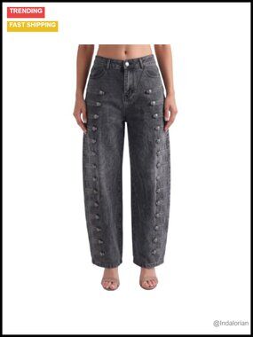 Mid Rise Wide Leg Rigid Denim Jeans Military Button Barrel Leg